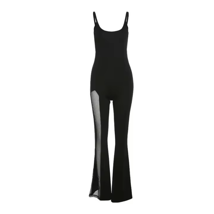 BUNO-monos sexis de malla de retales con un hombro para mujer, monos elegantes lisos ajustados acampanados, mono a la moda para fiesta, ropa de calle - 1
