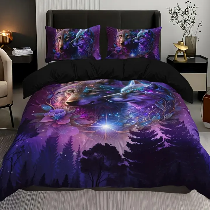 Juego de cama con estampado de lobo y bosque de cielo estrellado de 3 piezas, funda de edredón suave y transpirable para dormitorio, habitación de invitados y dormitorio, 3 uds. - 1