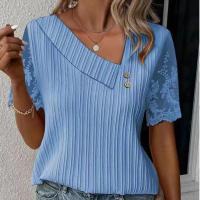 Camiseta de manga corta con cuello inclinado para mujer, de color sólido empalme de manga de encaje, Color blanco, talla S - details 2
