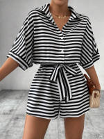 Mameluco con estampado de rayas para mujer, mameluco informal con cinturón para verano, ropa de mujer de moda para uso diario - details 1