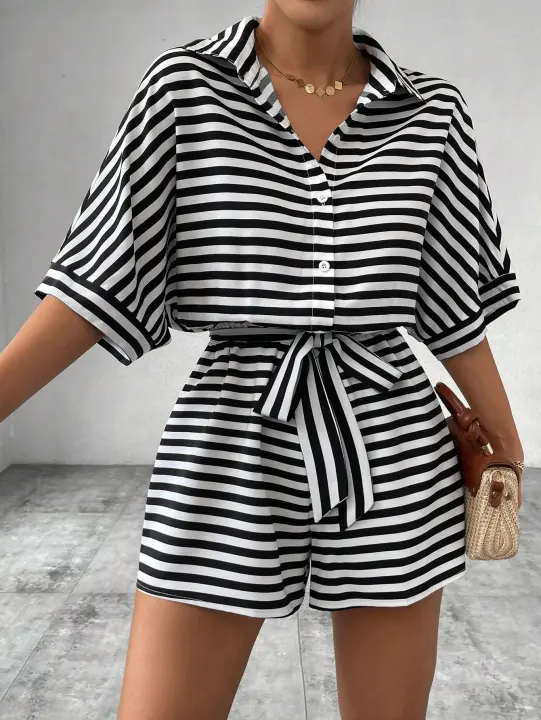 Mameluco con estampado de rayas para mujer, mameluco informal con cinturón para verano, ropa de mujer de moda para uso diario - 1