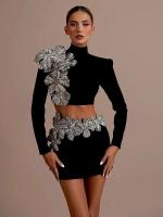 Conjunto de Vestido y Falda Mini de Manga Larga Estilo de Turtén Brillante con Diamantes - details 2