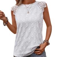 Ropa de mujer de talla grande, camiseta sin mangas con retazos de encaje bordado hueco blanco de 150kg, Top redondo - details 0