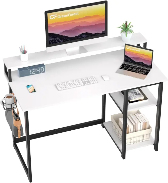 Escritorio de Ordenador con Soporte de Monitor, Escritorio de Oficina con Estantes de Almacenamiento Ajustables, Pequeño Escritorio Reversible para el Estudio, Beige - 1