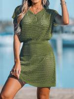 Vestido corto playero de ganchillo para mujer, traje de baño de manga corta con cuello en V, 2024 - details 16