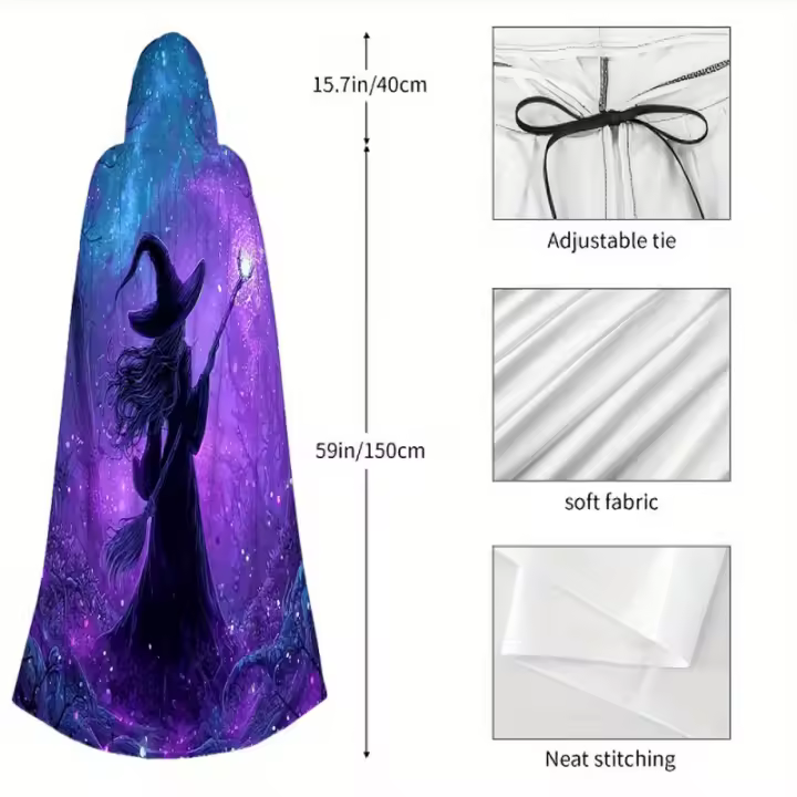 Capa con capucha gótica de varita de bruja del bosque encantado - Disfraz de Halloween lavable a máquina con brillo púrpura, sombrero de bruja y pantalones para juegos de rol masculinos y femeninos, fiestas de Halloween, temas de vampiro/señor oscuro - 1