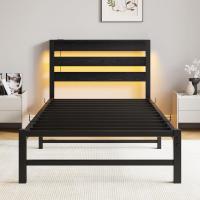 Marco de cama doble con estación de carga y luces LED, plataforma de metal resistente, marco de cama doble de 135 x 190 cm con cabecero de madera con almacenamiento, no necesita - details 30
