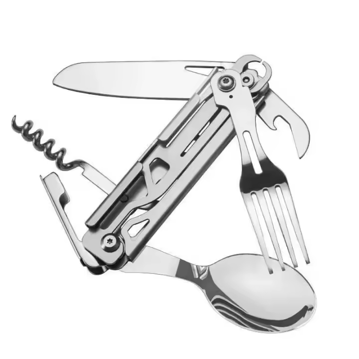 Juego de cubiertos multifuncional, villa de camping plegable portátil, cuchillo de acero inoxidable, tenedor, cuchara, abrelatas, equipo para exteriores - 1
