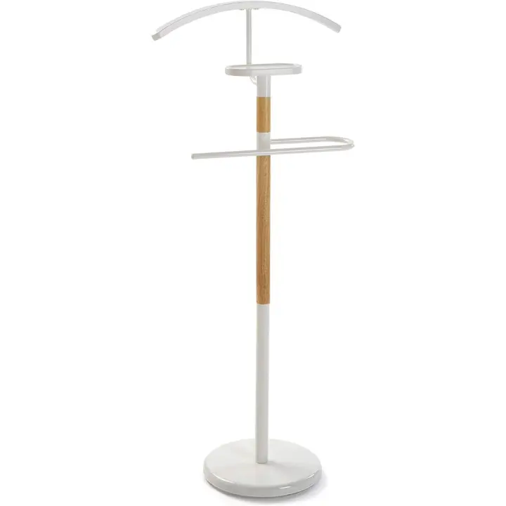 112 x 28,8 x 46,5 cm, Galán de Noche Moderno Multifuncional con 2 Perchas o Colgadores para Ropa de Hombre o Mujer, Medidas Metal y Madera, Color Blanco - 1