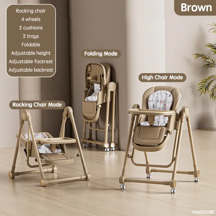 PANGDUBE Silla alta para bebé 2 en 1 para alimentar a bebé, mecedora para dormir, cuna para bebé, silla plegable para cenar con 4 ruedas, 2 cojines, 2 bandejas - 1