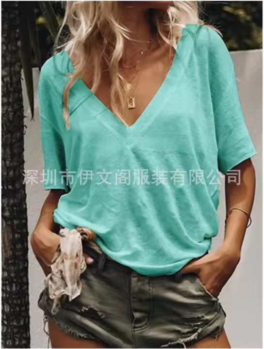 Bay Camiseta informal de manga corta con cuello en V profundo para mujer, nuevo estilo europeo y americano, top en seis colores en stock - 1
