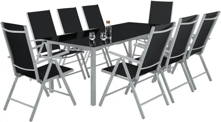 Conjunto Muebles Jardín Exterior 9 Piezas, Estructura de Aluminio, Mesa y Sillas Terraza Impermeables, Resistentes a Intemperie, Sillas Plegables y Reclinables, Tela Transpirable - Plata - 1
