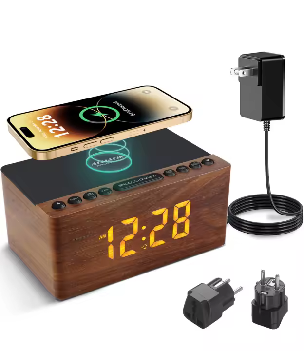 Reloj Despertador De Madera ANJANK Con Estación De Carga Inalámbrica Para iPhone/Samsung 5 Niveles De Dimmer Carga USB 9 Sonidos De Alarma Radio FM - 1