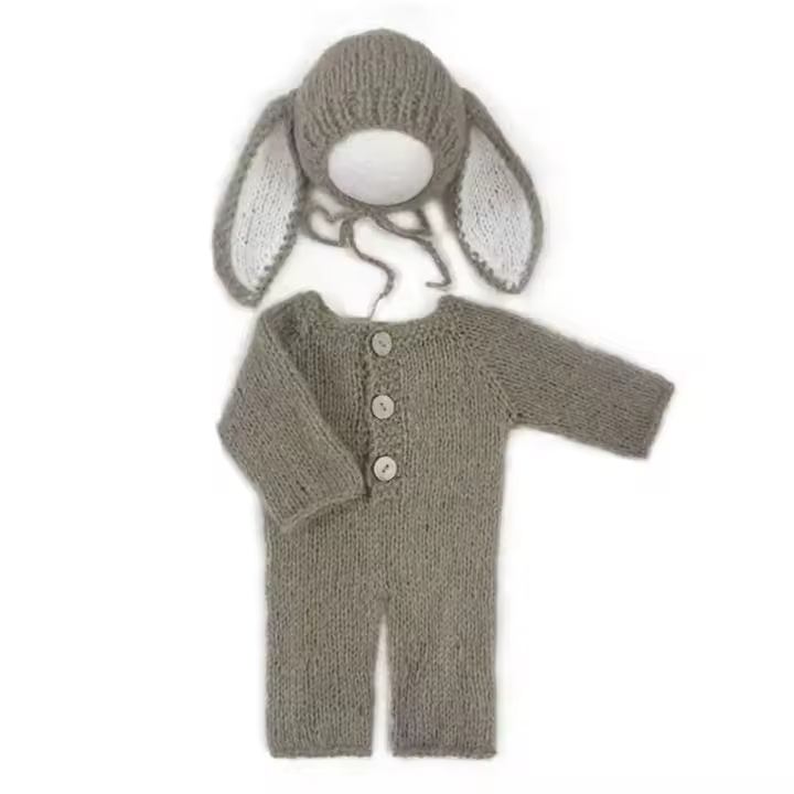 Ropa de Fotografía de Recién Nacido Gorro de Pelo de Mohair con Orejas de Conejo y Mono - 1