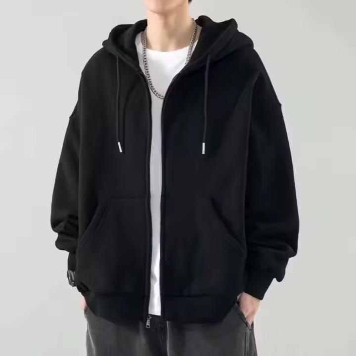 Sudadera con capucha deportiva para hombre, sudadera holgada de forro polar de color sólido - 1