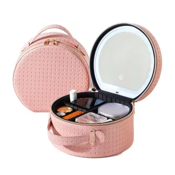 Estuche de maquillaje portátil con luces de cuero PU, 3 modos de iluminación de colores, bolsa de maquillaje LED con espejo, divisores ajustables - 1