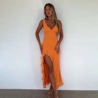 Vestido Maxi de Verano Elegante sin Mangas con Volantes Sexys Cuello en V Profundo, Espalda Alta, Abierto hasta la Coxa - details 20