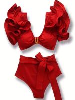 Conjunto de bikini con escote en V y volantes, traje de baño de dos piezas con cintura alta y corte alto en color sólido - details 7