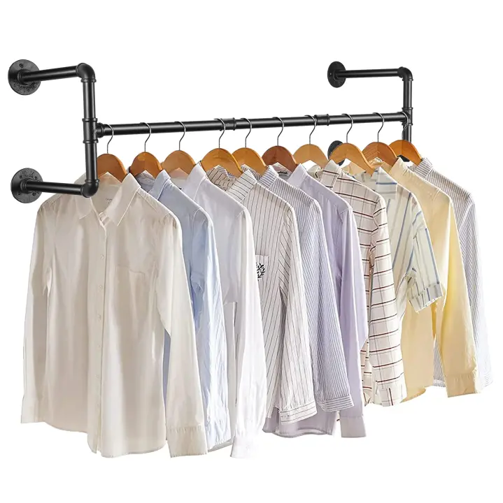unho Barra Perchero de Pared Industrial de Tubo Vintage de Longitud Ajustable 90-180cm para Colgar Ropa - 1
