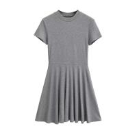 Vestido básico de manga corta de color sólido ajustado de estilo europeo y americano para mujer con cintura y cuello medio alto delgado Empalme de una palabra falda de swing grande - details 18