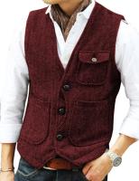 Chaleco de hombre marrón de lana en espiga Tweed con cuello en V, chaleco de herramientas Retro de un solo pecho, chaleco de negocios para caballero para boda - details 19