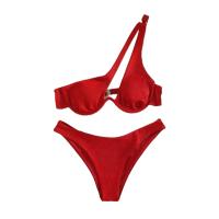 Conjunto de Bikini de un hombro para mujer, traje de baño Sexy con aro de realce rojo y negro, traje de baño brasileño recortado, Tanga, 2025 - details 0