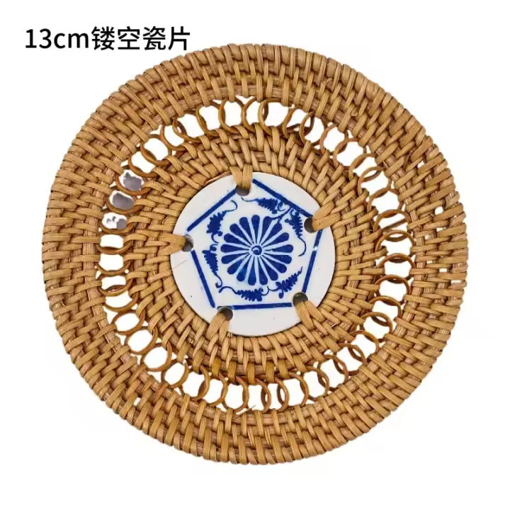 Alfombra de mesa redonda de ratán tejido, protector de calor para taza y bollo, accesorio clásico de juego de té - 1
