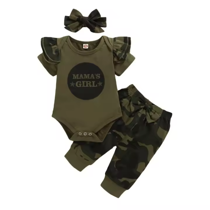 Conjunto de Ropa de Bebé Niña de Algodón Sólido Romper de Manga Corta con Letras Camuflajes - 1