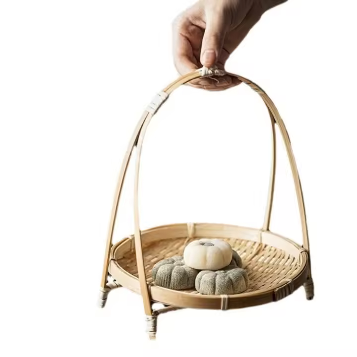 Cestas de tejido de bambú de 1/2/3 niveles, cestas redondas hechas a mano, soporte de exhibición para aperitivos, cestas de almacenamiento de tejido elegantes para el hogar - 1