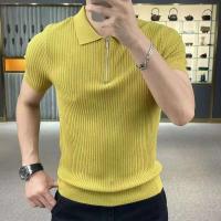 Polo de punto de seda helada para hombre, camiseta jacquard de manga corta, cuello, top fino de alta calidad, verano, nuevo - details 0
