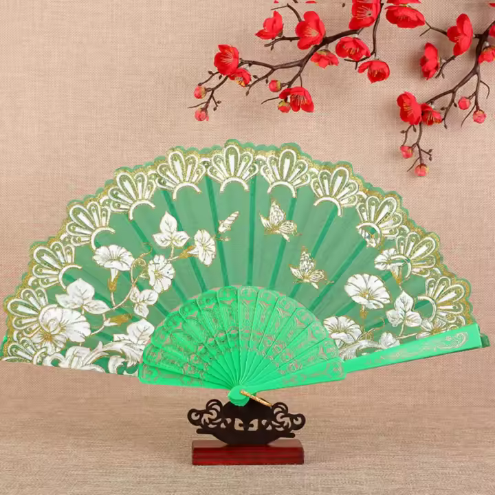 Útil abanico plegable de mano de estilo chino, abanico decorativo de encaje con mango de plástico con anillo de ventilador, abanico plegable Vintage, regalo para mujer - 1