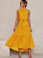 Vestido largo de mujer europea y americana 2025, nuevo vestido con cordones, estampado de lunares y cuello. - details 1