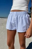Pantalones cortos básicos cómodos e informales sueltos con botones de cintura elástica tejidos a rayas de verano para mujer - details 6