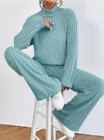 Pantalones sueltos casuales de punto con cuello alto y manga larga para mujer, suéter de dos piezas, - details 2