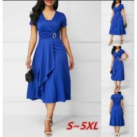 Vestidos de verano elegantes, color sólido, mangas cortas, cuello en V, dobladillo asimétrico, cintura delgada, vestido de fiesta hasta la rodilla, para mujer - details 2