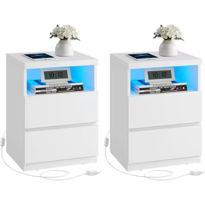 Mesa de Noche Iluminada con LED Ajustable Diseño Moderno Blanco Nube Para Dormitorio u Sala de Estar Juego de 2 - 1