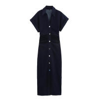 BUNO-Falda vaquera de manga corta plisada para mujer, vestido largo ajustado de color liso, 2025, vestido vaquero para mujer, vestidos largos informales para primavera y verano, nueva moda 2021, ropa de calle de manga corta fruncida, vestido Midi - details 1