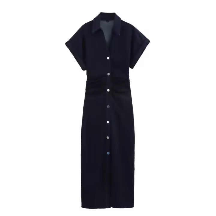 BUNO-Falda vaquera de manga corta plisada para mujer, vestido largo ajustado de color liso, 2025, vestido vaquero para mujer, vestidos largos informales para primavera y verano, nueva moda 2021, ropa de calle de manga corta fruncida, vestido Midi - 1