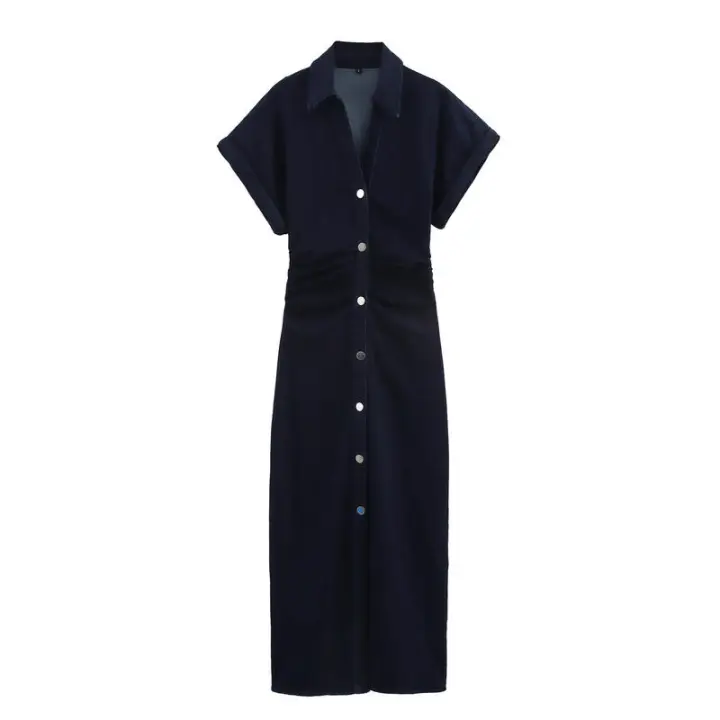 BUNO-Falda vaquera de manga corta plisada para mujer, vestido largo ajustado de color liso, 2025, vestido vaquero para mujer, vestidos largos informales para primavera y verano, nueva moda 2021, ropa de calle de manga corta fruncida, vestido Midi - 1
