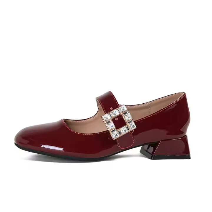 Nuevos zapatos de tacón grueso con diamantes de imitación y hebilla de una palabra - 1