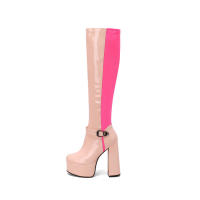 Botas Altas hasta la Rodilla con Estilo Patchwork de Cuero de Laca Tacón Grueso, Side Ziper, Punta Redonda, Mujer Otoño-Invierno 2025 - details 8