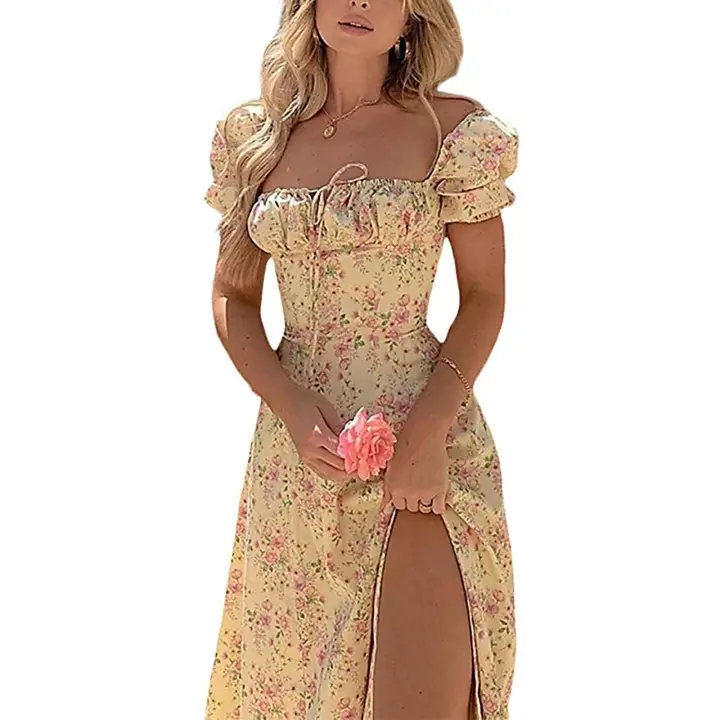 Meihuda Vestido largo de escuela secundaria con estampado de pastizales y manga corta esponjosa, con encaje en el pecho, nuevo - 1