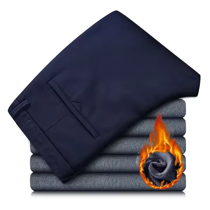 Pantalones informales de invierno para hombre, pantalones cálidos de felpa de estilo clásico para negocios, pantalones de piel gruesa Regular, pantalones formales rectos elásticos de lana para hombre - 1