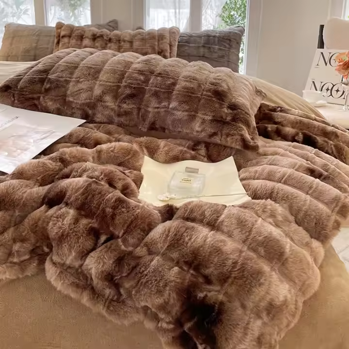 Juego de ropa de cama cálida de piel sintética de conejo, funda de edredón cálida transpirable, agradable a la piel, Queen, acogedor, Otoño e Invierno - 1