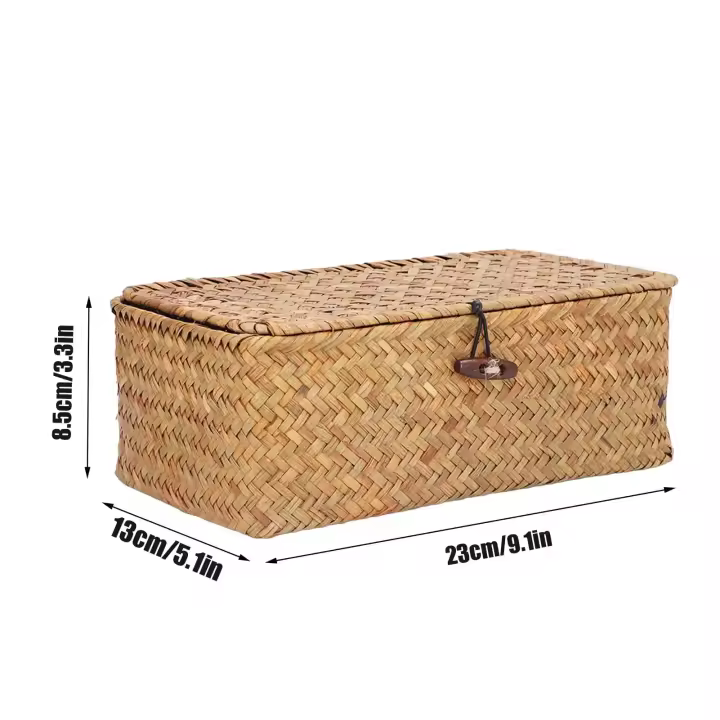Cesta de estante de almacenamiento hecha a mano con tapa, organizador de maquillaje tejido de ratán Rectangular, contenedor multiusos, caja Natural - 1