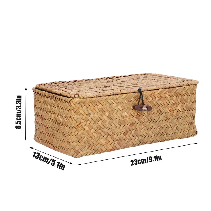Cesta de estante de almacenamiento hecha a mano con tapa, organizador de maquillaje tejido de ratán Rectangular, contenedor multiusos, caja Natural - 1