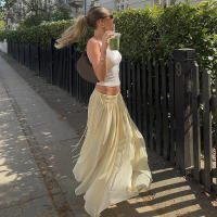 BUNO-nueva moda cordón lateral de cintura alta elegante falda amarilla mujeres vacaciones verano suelta gasa Midi faldas mujer - details 3