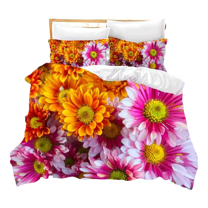 Juego de funda nórdica de crisantemo, funda de edredón de poliéster con diseño de flores coloridas para niños y niñas, juego de cama King Queen de tamaño completo - 1