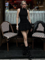 Vestido Mini Dulzura Ribbed Sin Mangas Patchwork Bollo Sólido Espalda Descubierta Cálido Club Streetwear Para Mujer - details 42