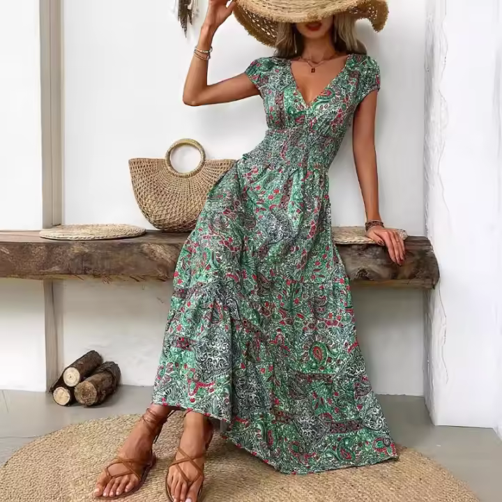 Vestido casual estampado de manga corta con cuello en V para mujer, moda de verano - 1